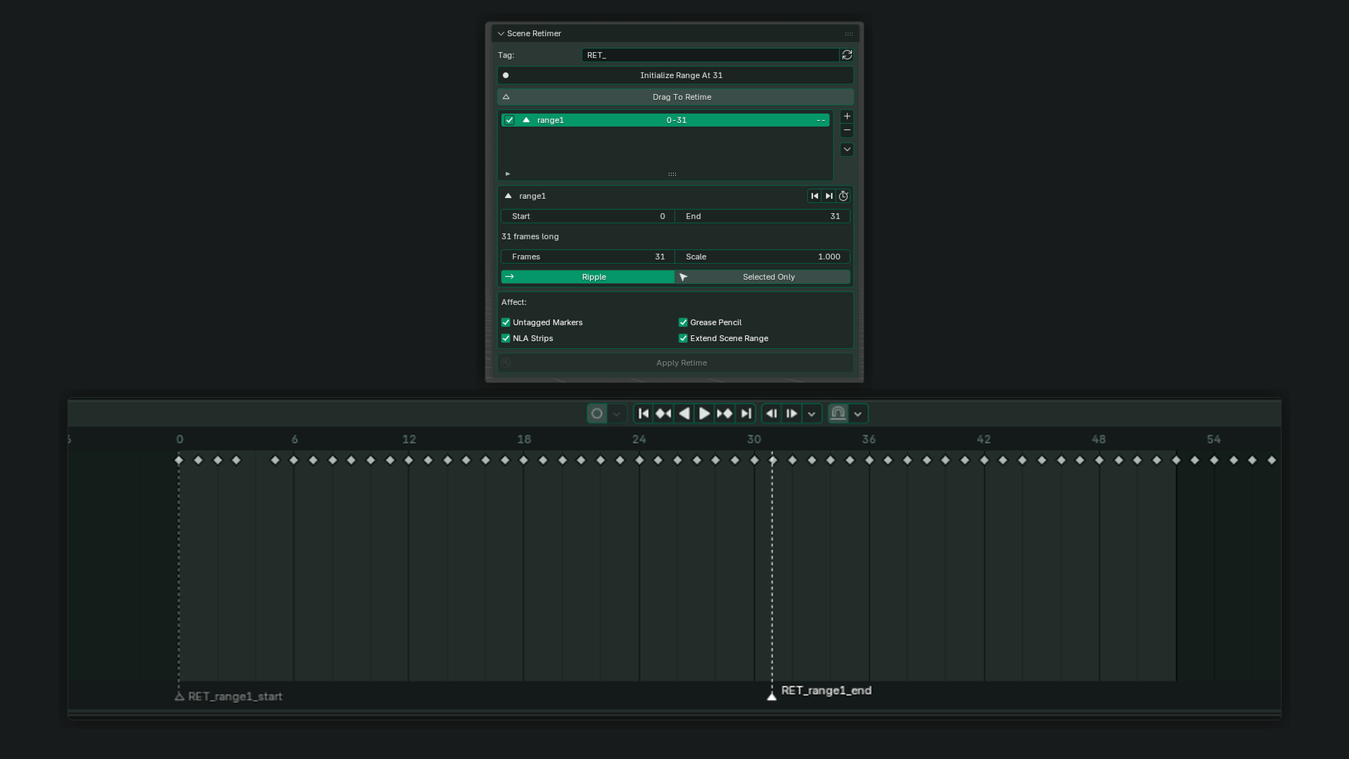 Scene Retimer in Blender: a marker-defined range, timing controls and animation keys in the timeline.